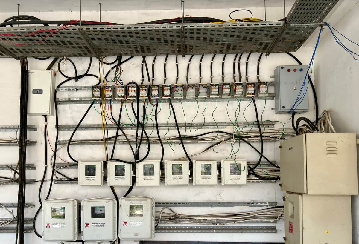 An electrical panel with circuit breakers