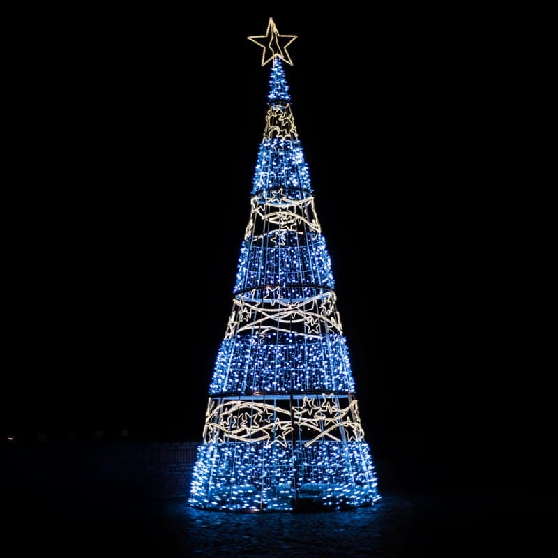 Net lights draped over a low shrub
